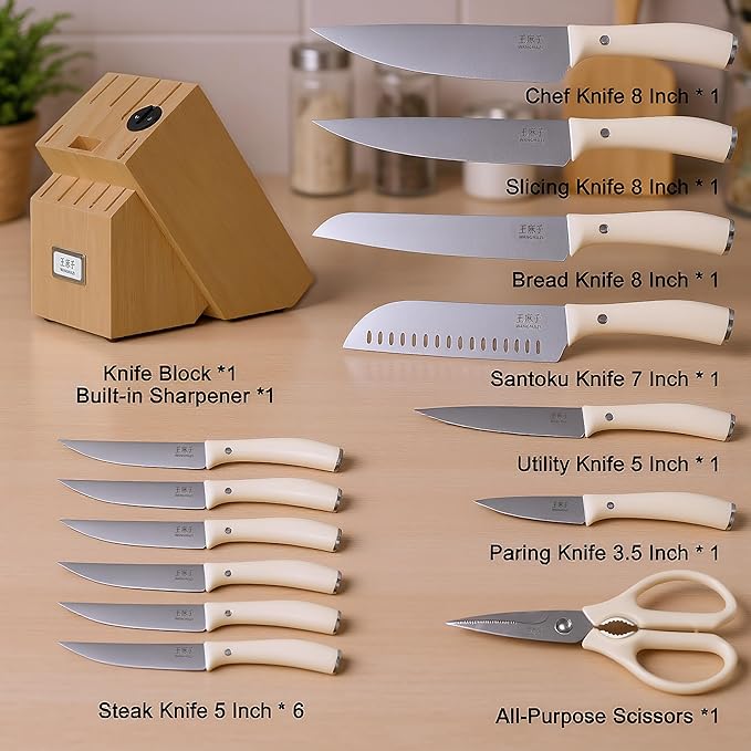 Premium Sharp Knife Set High Carbon Stainless Steel Forged Sharp Knives Set for Kitchen Rivet Ergonomic Handle Hundreds of Years of Masterful Craftsmanship(Ivory,15PCS)