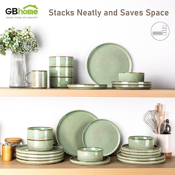 GBHOME Stoneware Dinnerware Sets for 4,Round Reactive Glaze Ceramic Plates and Bowls Set,Highly Scratch Resistant | Dishwasher & Microwave Safe Dishes Set,Service for 4(12Pcs),Pastel Green