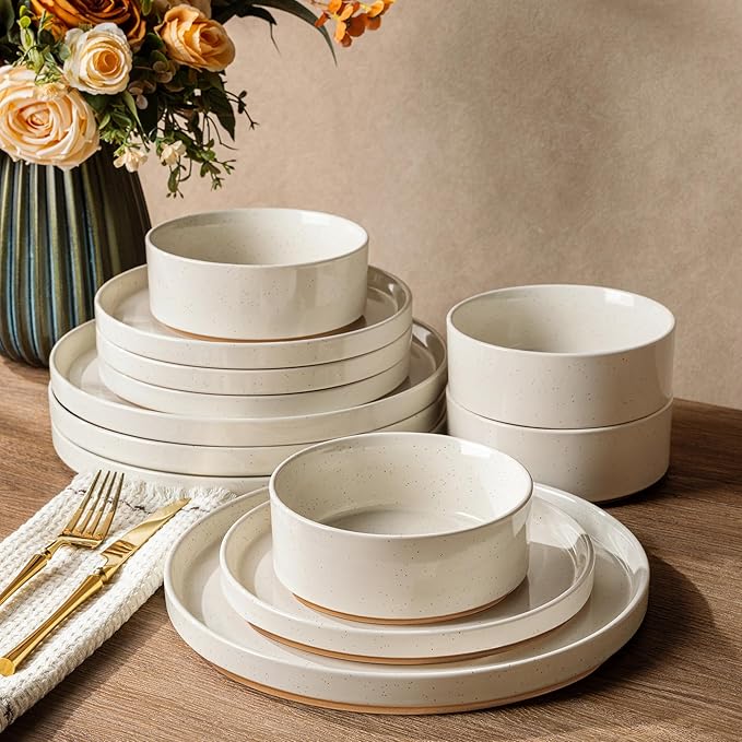 AmorArc Ceramic Dinnerware Set for 6 | Speckled Stoneware Plates and Bowls with Rustic Terracotta Underside| Scratch Resistant,Dishwasher & Microwave Safe Dishes Sets- 18pcs Beige