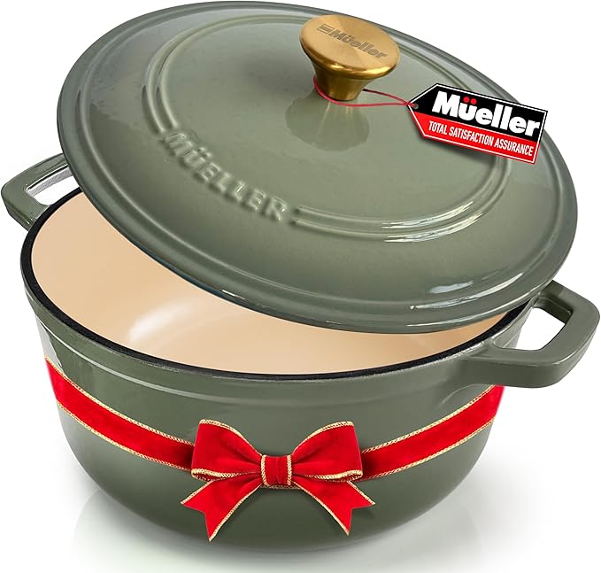 MUELLER HOME 6 Quart Enameled Cast Iron Dutch Oven For Sourdough Bread Baking, Heavy-Duty, Oven-Safe up to 500째 F & Across All Cooktops, Casserole Dishes, Green Kitchen Accessories, Thyme Green