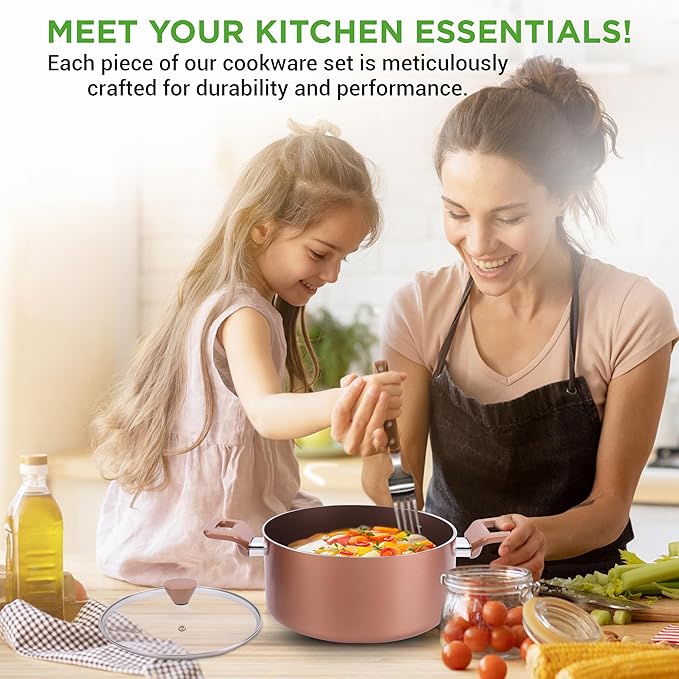 NutriChef Kitchenware Pots & Pans - Stylish Kitchen Cookware Set, Non-Stick (13-Piece Set), Brown, One Size, (NCCWA13BR.5)