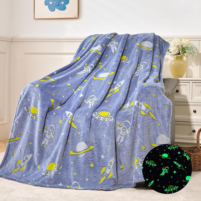 QSTEHEML Space Glow in The Dark Blanket,Galaxy Gifts Toys for Kids Boys Age 3-12 Years Old,Birthday, Decor for Child, Toddler, Teen and Grandkids Soft Throw 50"횞60"