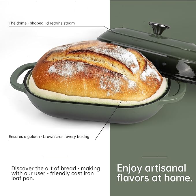 Premium Enameled Cast Iron Dutch Oven for Bread Baking | Non-Stick 5QT Oval Bread Oven with Lid | Perfect for Sourdough, Loaf, and Artisan Baking (Oval Green, 5 QT)