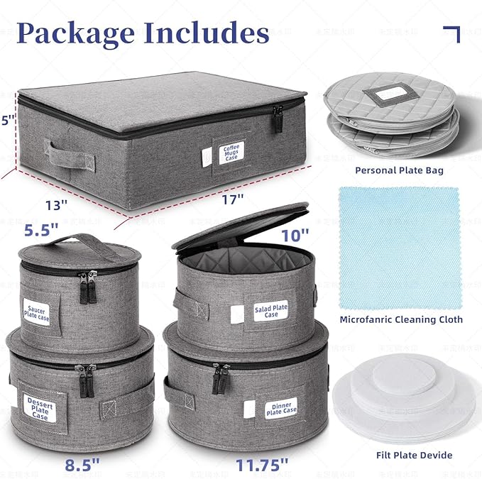 LUXULA China Storage Containers for 12 Place Setting with Two Plate Bags, 5 Pcs Hard Shell Quilted China Storage Cases for Dinner Plates, Salad Plates, Dessert Plates, Saucers, Cups & Mug Storage