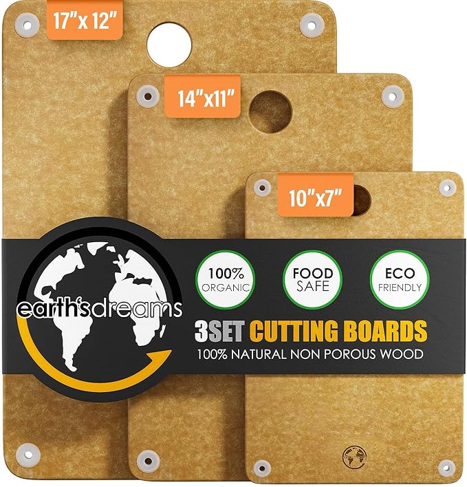 Earth?셲 Dreams Wood Cutting Board Set 3-Piece: Small, Large & Extra Large - Charcuterie Board, Non-Plastic, Non-Toxic, Heavy-Duty, Dishwasher Safe (Tan)