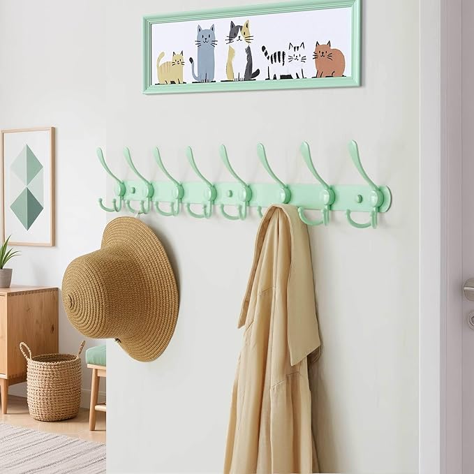 Dseap Coat Rack Wall Mount - 29.5??Long 8-Tri-Hooks Heavy Duty Coat Hanger Rail Wall Hooks for Hanging Coats Hats Clothing Clothes Purse Mudroom Entryway, Green