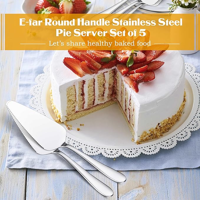 E-far 5-Piece Pie Server, Stainless Steel Cake Server Spatula Cutter for Pastry Cheese Pizza, Serrated Edge with Oval Handle, Mirror Polished & Dishwasher Safe-9 Inch