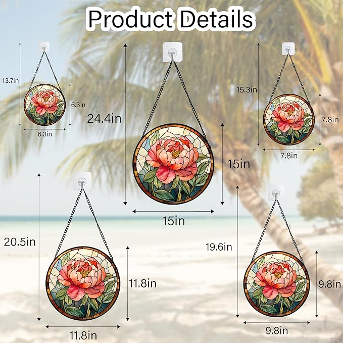 Stained Glass Window Hanging - Pink Peony Floral Suncatcher for Door Garden Yard Birth Flower Sun Catchers Decor Christmas Mother's Day Birthday Gifts for Women Mom Nana Wife Teacher 7.8 in