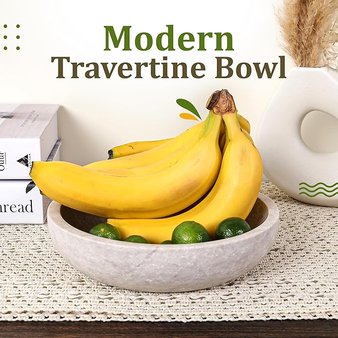 Travertine Decorative Bowl - 7.8??Diameter & 2??Height - Key Bowl for Entryway Table - Organic Modern Centerpiece - White/Gray