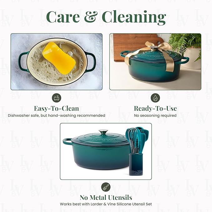 Larder & Vine Enameled Cast Iron 8 qt Dutch Oven Pot with Lid | Bread Baking | Compatible on All Cooktops & Oven Safe to 500째 F | Great for Sourdough Bread | Bondi