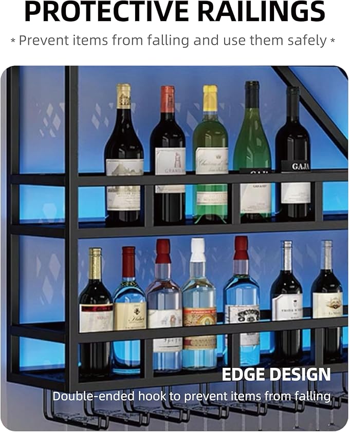 118 Inch Modern Wall Mounted Wine Rack with LED Light, Large Metal Bar Shelves for Liquor Bottles, Stylish Wall Wine Rack Storage Organizer for Dining Room & Home Bar(Gold-Yellow Led, 118in)