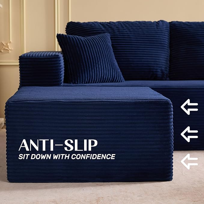 138" Boneless Couch with Deep Seat, Modular Sectional Sofa, Cloud Sectional Couch for Living Room, No Assembly Required, Corduroy, 4 Seater L-Shape Left, Blue