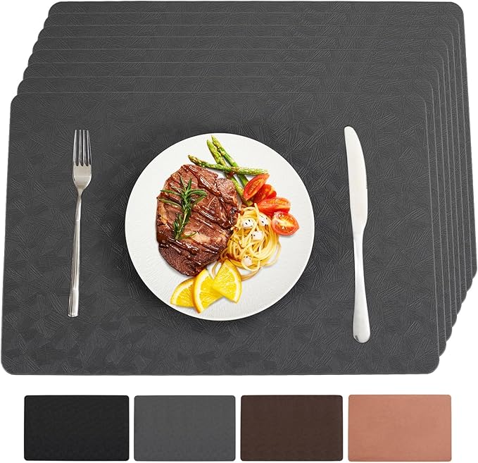 Bxzandya Vinyl Placemats Set of 8 Heat Resistant Easy Clean Non-Slip Place Mats for Dining Table Faux Leather Waterproof Stain Resistant Wipeable Washable PVC Table Mats(8, Gray)