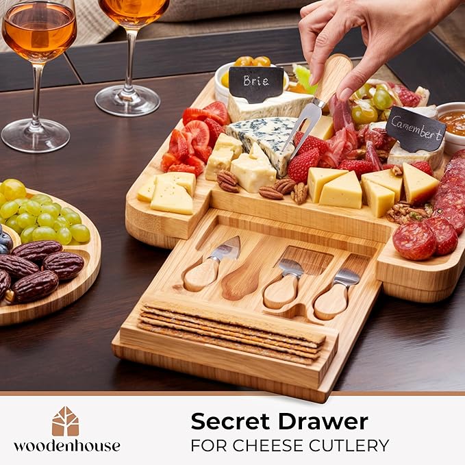 Bamboo Charcuterie Boards Gift Set - Meat and Cheese Tray with Utensils, Fruit Tray, and 2 Sauce Bowls Included - Bamboo Cheese Platter - House Warming Gifts New Home Couples & Family, Wedding Gifts
