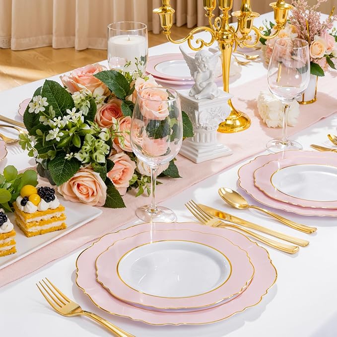 WDF 60pcs Pink Dessert Plates - 7.5inch Baroque Pink &White Disposable Dessert/Appetizer Small Cute Cake Plates for Upscale Parties &Wedding-Special for Bridal Shower, Brithday, Valentine's Day