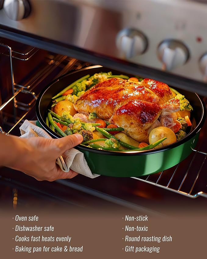 Round Baking Cake Pans Set Roasting Dish 4-Pack 9/10/12/14 Inch Enamel Non Stick Large Cookware for Cake Bread Pie Pizza Turkey Steak, Non-Toxic Carbon Steel Oven Dishwasher Safe Christmas Bakeware