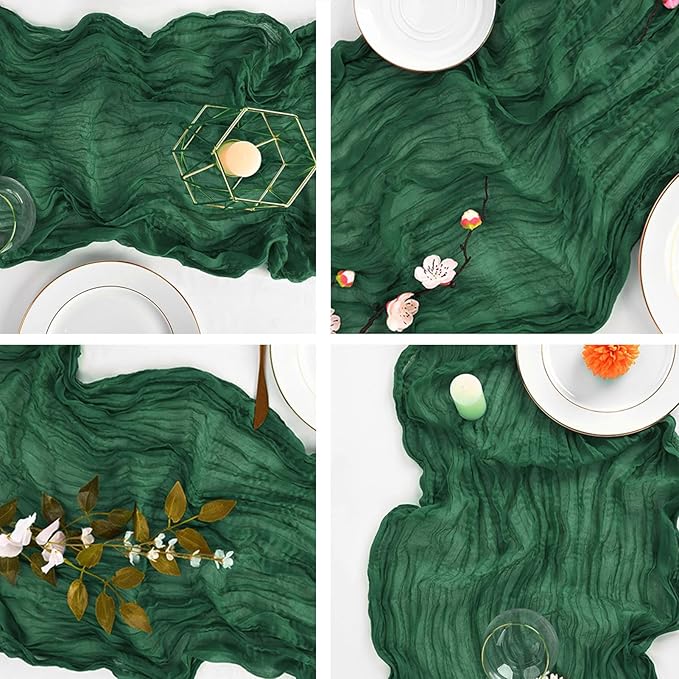 4 Pack Emerald Green Cheesecloth Table Runner 20 x 120 inch Gauze Table Runners 10 FT Long,Semi Sheer Boho Cheese Cloth Fabric Table Runner Bulk for Wedding,Party,Baby Shower,Bridal Shower Decoration