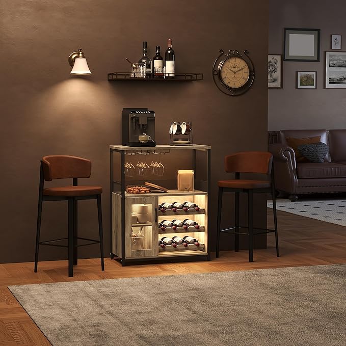 Vintage Industrial Wine Bar Cabinet with Adjustable Wine Racks and Glass Holders, Mesh Door Sideboard Storage Cabinet for Living Room, Kitchen, Dining Room, Compact Design, Gray with Light