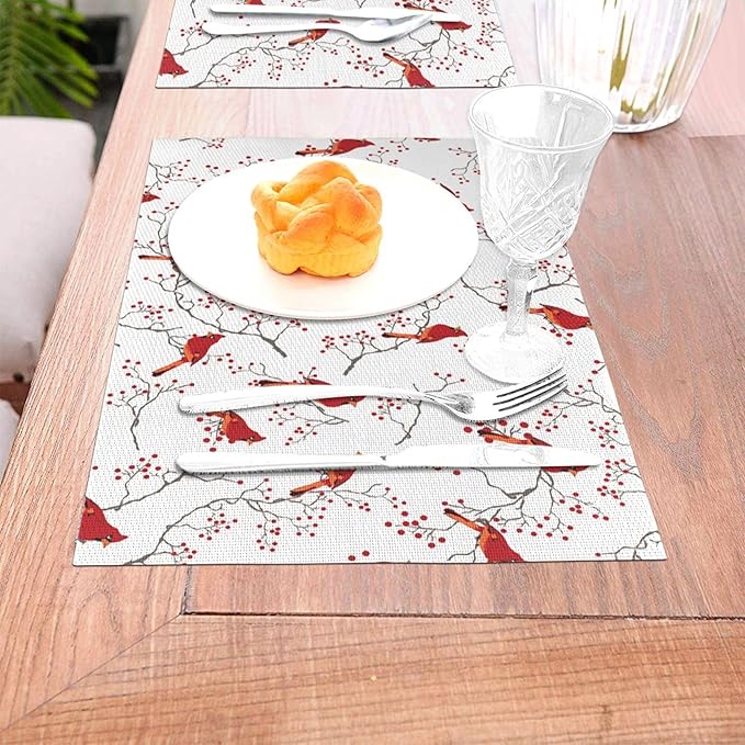 Cardinal Bird Red Berry Decor Placemats Set of 4 Linen 12x18 Inch, Decorative Table Mats for Kitchen Dining Table Heat Resistant Washable Place Mats Home Holiday Decor