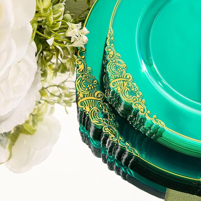 Hioasis 175pcs Clear Green Plastic Plates - Elegant Disposable Dinnerware Set Suitable for 25 Guests Include 10.25" Dinner & 7.5" Dessert Plates, Cutlery, Napkins, Cups for Party & Wedding