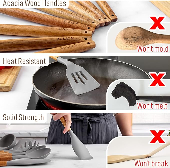 Zulay Kitchen Utensils Set Non-Stick Silicone Cooking Utensils Set with Authentic Acacia Wood Handles - 8 Piece Set - Silicone Kitchen Utensils Set with 464째F Heat Resistance - Gray