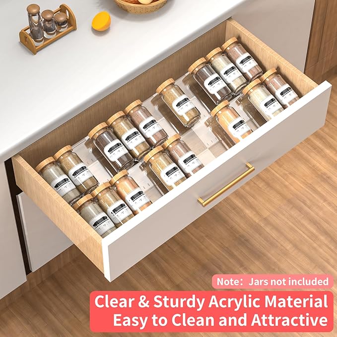 2-Tier Non-Slip Spice Drawer Organizer, 2-Pack Checkered Frosted Clear Acrylic, Expandable (11''-22'') Spice Rack for Kitchen Drawer Storage ??Holds Seasonings, Herbs, and Spices (Jars Not Included)