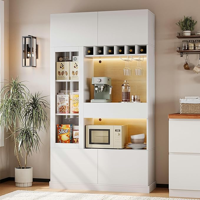 iPormis 69" Tall Kitchen Pantry Storage Cabinet with LED Light & Outlet, Kitchen Hutch with Glass Door & Wine Rack & Microwave Stand & Adjustable Shelf, Coffee Bar Hutch with Countertop, White
