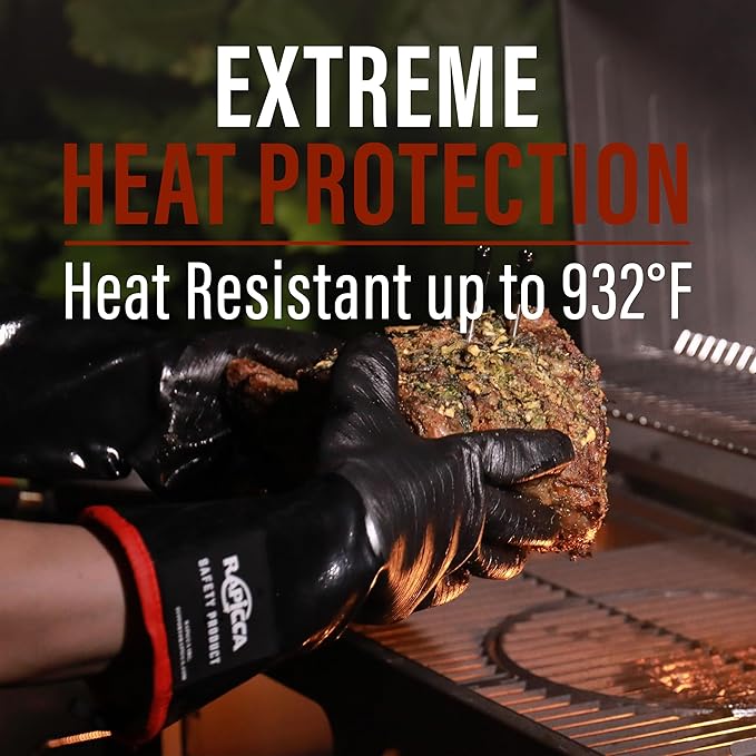 RAPICCA Heat Resistant BBQ Grill Gloves: Oil Resistant Waterproof for Smoking Grilling Cooking Barbecue Deep Frying Turkey Rotisserie Handling Hot Greacy Meat - Long Sleeve 932째F