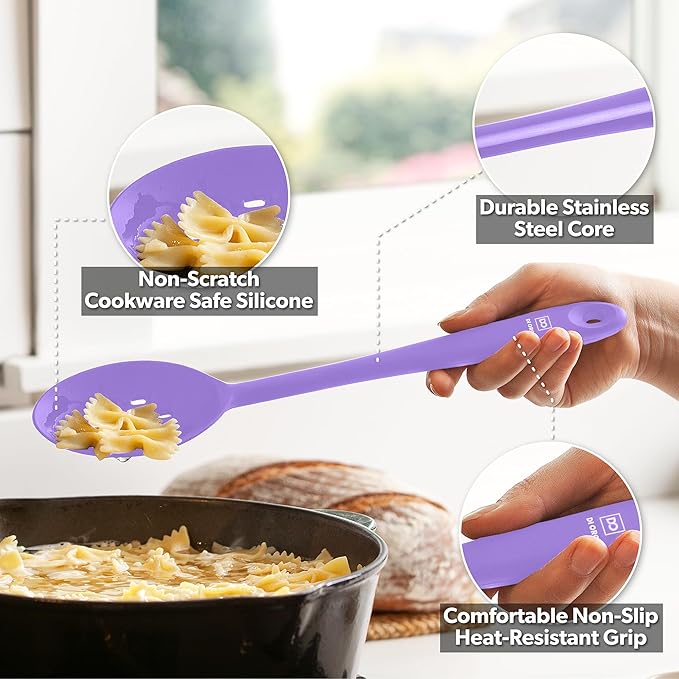 DI ORO Silicone Spoons for Cooking - Large Kitchen Spoons for Mixing, Serving & Stirring - 600째F Heat-Resistant Non Stick Utensils ??Big Solid & Slotted Basting Spoon - Dishwasher Safe (2pc, Lavender)