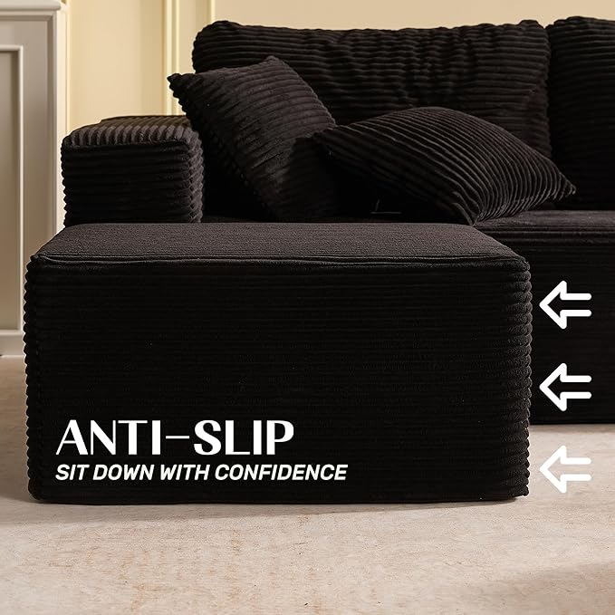 138" Boneless Couch with Deep Seat, Modular Sectional Sofa, Cloud Sectional Couch for Living Room, No Assembly Required, Corduroy, U-Shape 4 Seater Right, Black