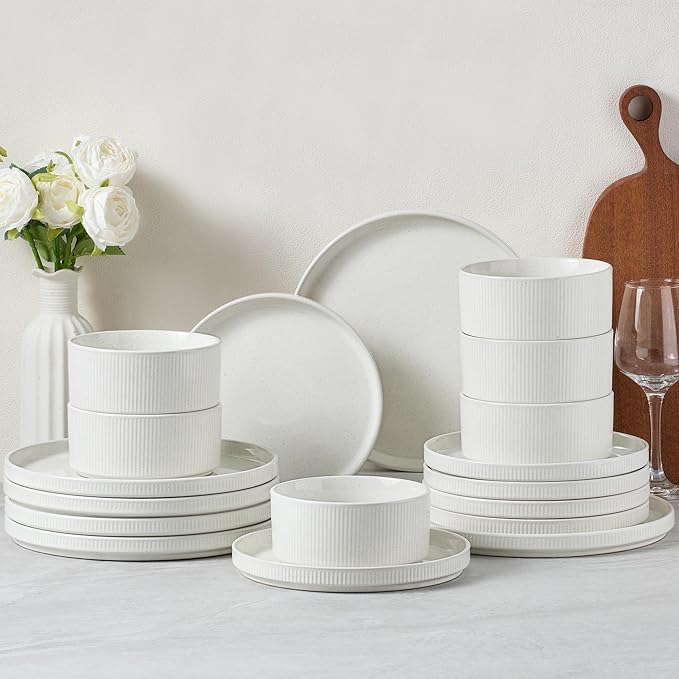 E-far Stoneware Dinnerware Sets, 18-Pieces Modern Plates and Bowls Sets, Kitchen Dinning Porcelain Dishes Set for 6, Chip & Scratch Resistant, Dishwasher & Microwave Safe, Speckled White