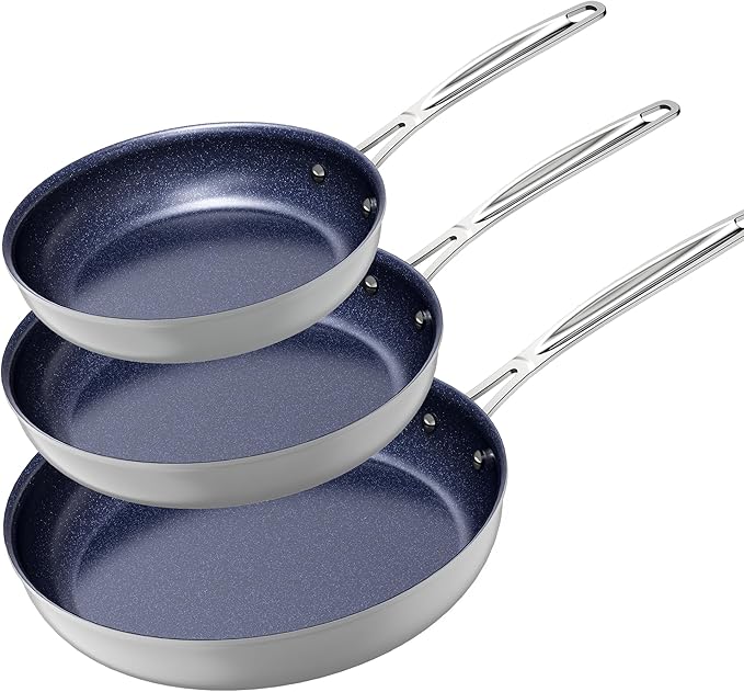 Nuwave 3-Piece Fry Pan Set, 8?? 10?? 12??Forged Lightweight, G10 Healthy Duralon Blue Ceramic Ultra Non-Stick, Induction-Ready & Works on All Cooktops, Ergonomic Stay-Cool Handles