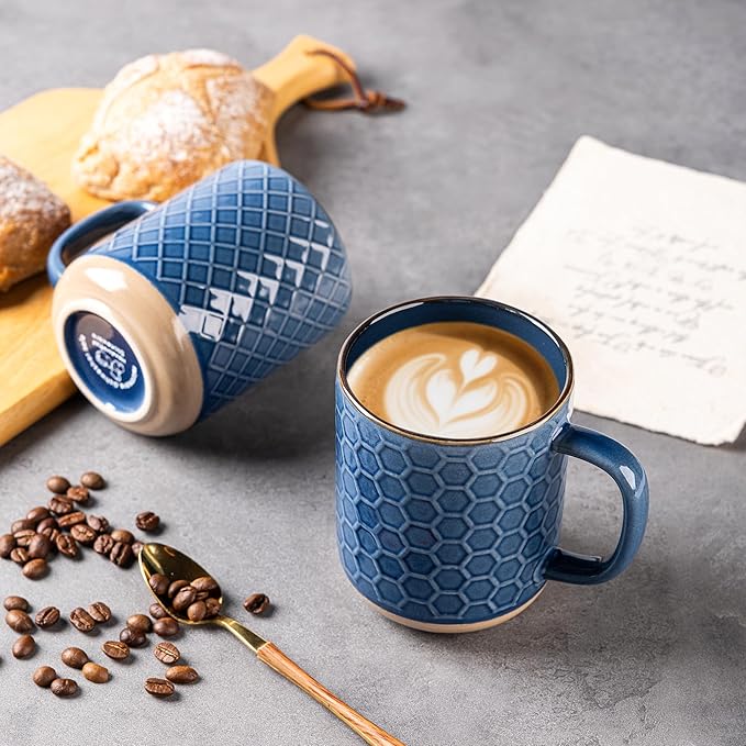 GBhome Large Coffee Mugs Set of 4, 16oz Handmade Stoneware Coffee Mugs Set with Large Handle for Cappuccino/Latte/Tea/Hot Cocoa, Dishwasher & Microwave Safe, Moonlight Blue