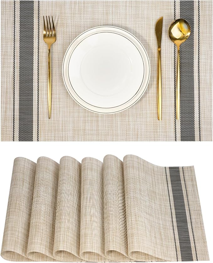 flohar Placemats Set of 6竊똍on-Slip PVC Weave Table Mats Easy to Clean竊똇eat Resistant Place Mats for Kitchen Dining Table Decoration Indoor Outdoor竊똊haki Gray