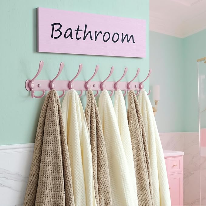 Dseap Coat Rack Wall Mount - 29.5??Long 8-Tri-Hooks Heavy Duty Coat Hanger Rail Wall Hooks for Hanging Coats Hats Clothing Clothes Purse Mudroom Entryway, Pink, Pack of 2