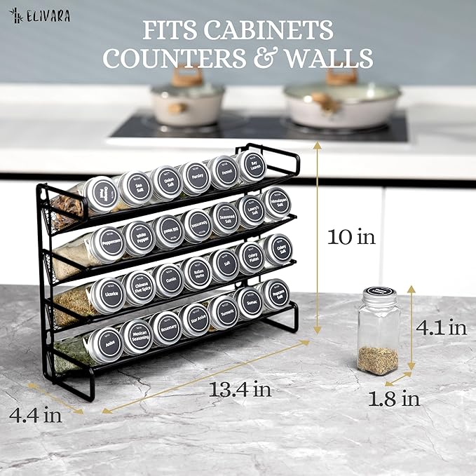 4-Tier Spice Rack Organizer Set ??Wall Mounted or Countertop ??Includes 28 Glass Spice Jars, 386 Spice Labels, Funnel, and Chalk Marker ??Kitchen Spice Storage Solution