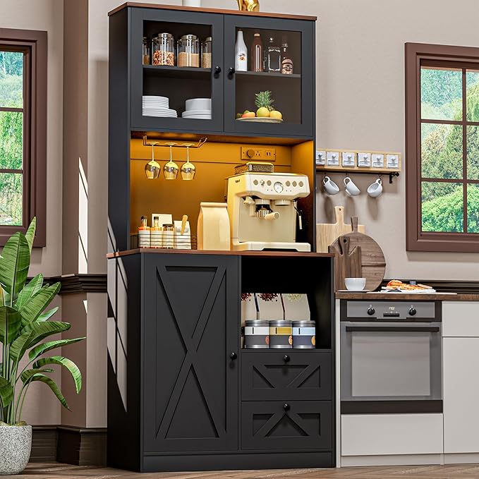71?섃셁itchen Pantry Storage Cabinet with LED Lights and Power Outlet, Tall Farmhouse Kitchen Hutch with Microwave Stand,Globet Hooks and Adjustable Shelf for Dining Living Room,Black