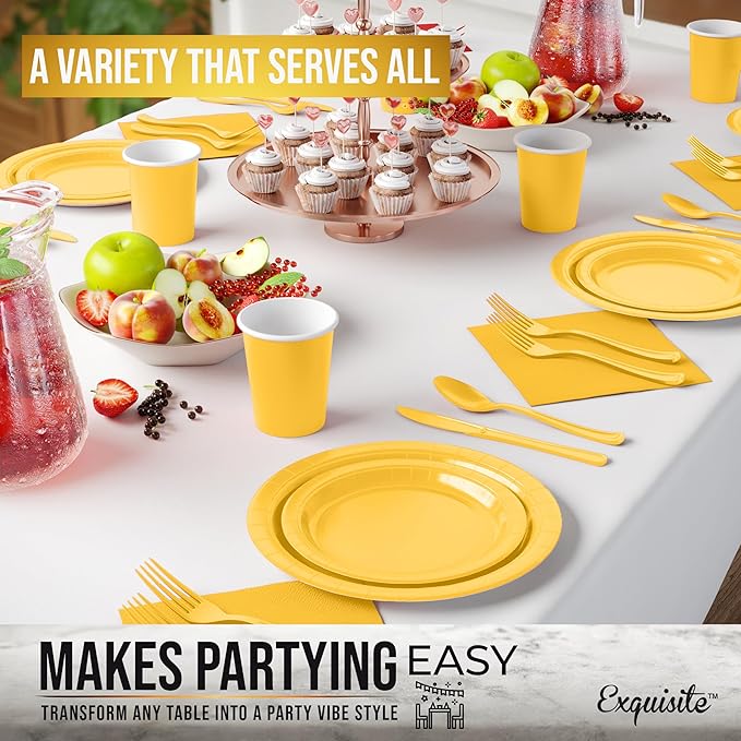 Exquisite 350 Pieces Yellow Paper Plates For Party, Yellow Disposable Plates Set, 50 Of Each 9" Dinner Plate Set, 7" Dessert Plate, Cups, Napkins & Cutlery Paper Dinnerware