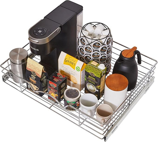 HOLDN??STORAGE Heavy-Duty Premium Collection Pull Out Cabinet Organizer, Cabinet Drawer Slide Outs, Lifetime Limited Warranty - Basket Size 26" W x 21" D x 5" H, Anti-Rust Chrome Finish