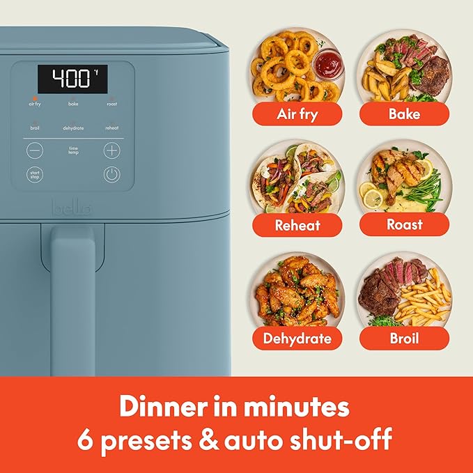 bella 6 Qt Slim Air Fryer, Fits-anywhere??Kitchenware, EverGood??Ceramic Nonstick Coating, Adjustable Temperature, 6 Preset Cooking Options, 60 Min Auto Shutoff w Audible Tone, 5lb Capacity, Surf