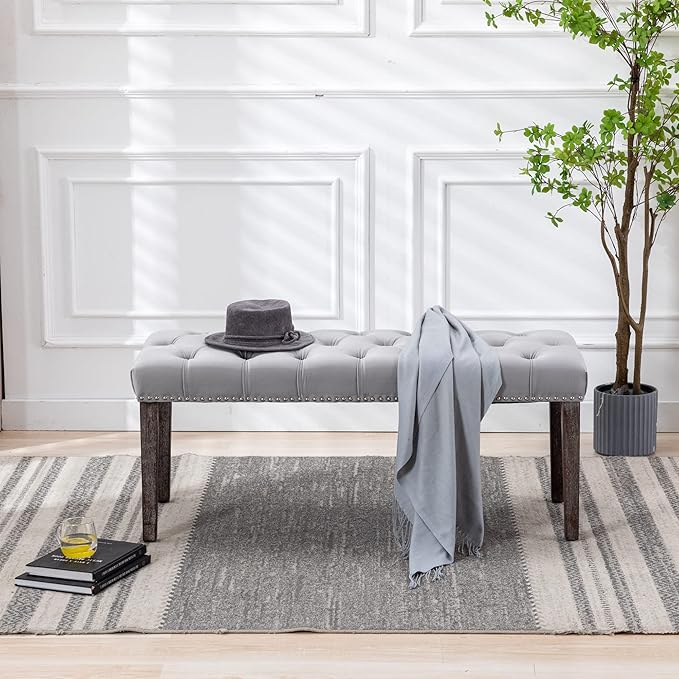 KCC Button-Tufted Ottoman Bench, Upholstered Bedroom Benches Velvet Footrest Stool Accent Bench for Entryway Dining Room Living Room Bedroom End of Bed, Gray