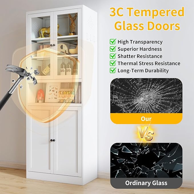 Kitchen Pantry Cabinet with Glass Doors, 72" Metal Storage Cabinet with 4 Adjustable Shelves, Kitchen Pantry with Hooks for Home, Living Room, Assemble Required (White)