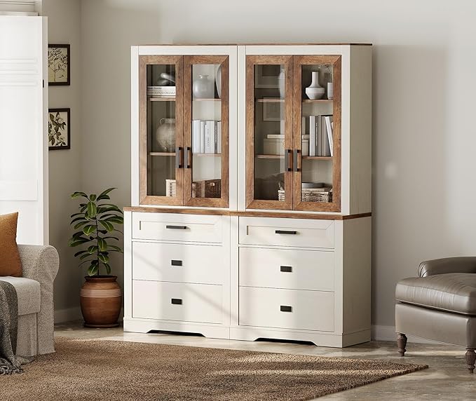 WAMPAT 2 Column 3 Tier Pantry Cabinet with Drawer,73.3" Tall Floor Standing Cupboard,Modern Farmhouse Kitchen Buffet with Adjustable Shelves and Glass Door for Dining Room,Living Room,White Oak