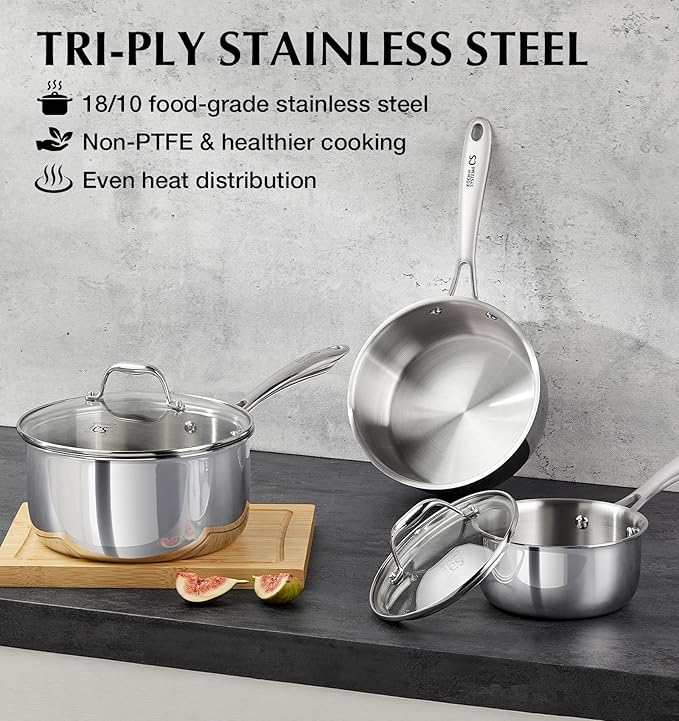 KOCH SYSTEME CS Triply Stainless Steel Saucepan, 3 Quart Stainless Steel Pot with lid, Large Cooking Pot, 3QT Sauce Pan with Stay Cool Handle, Induction Compatible Pot, Oven Safe 600째F