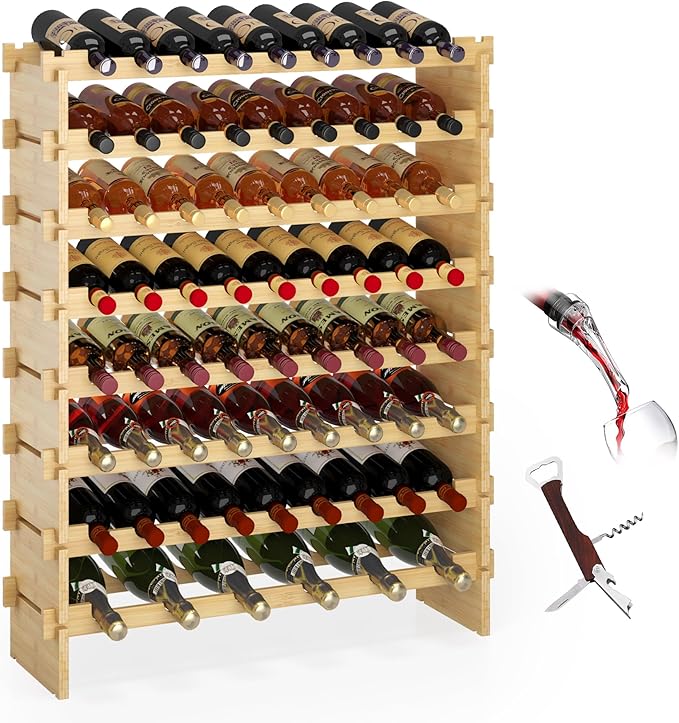 Wine Rack Freestanding Floor Bamboo Stackable Wine Storage Racks Wall Mounted, Modular Wine Bottle Stand Holder Display Shelf for Cabinet, Kitchen, Bar (Nature)