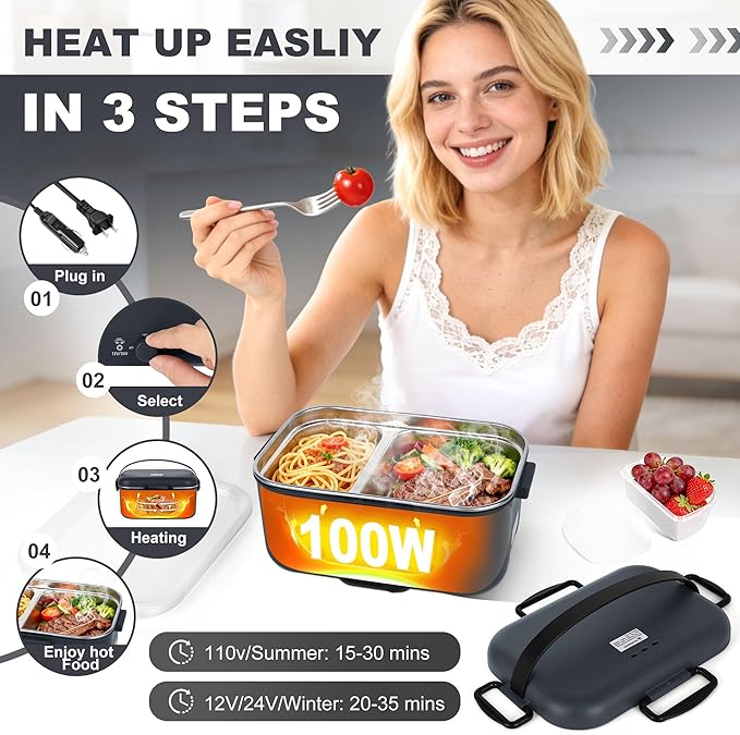 Electric Lunch Box Food Warmer 1.8L - 100W Mechanical Temperature Control Heated Lunch Box for Adults, 12V/24V/110V Fast Heating Lunchbox Food Heater for Work/Car/Truck, Fiambrera el챕ctrica port찼til