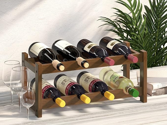 BAMEOS Bamboo Wine Rack, 2 Tier Wine Racks Countertop Storage, Wine Bottle Holder Wine Rack freestanding Floor for Kitchen, Bar, Pantry, Wine Cellar, Basement,Study竊똌aroon (16.85 L x 9.25W x 7H)