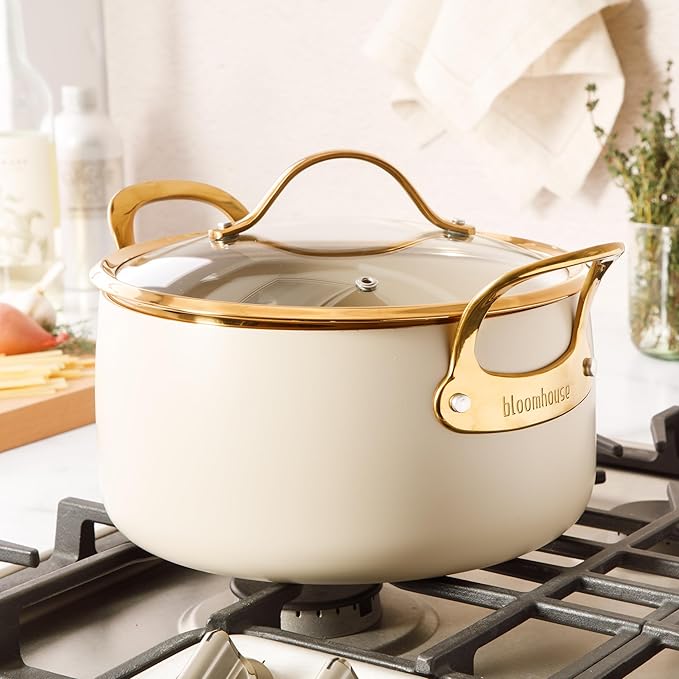 Bloomhouse - Two Time Oprah's Favorite Things Winner - 6 Quart Heavy Duty Aluminum Premium PFA Free Ceramic Nonstick Dutch Oven Pot with Lid - Almond Cream w/Gold Handle