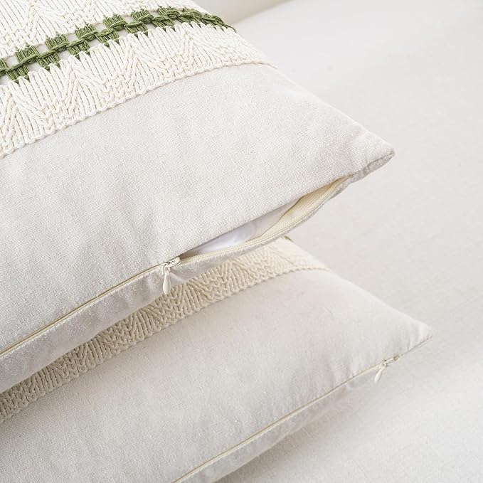 Fancy Homi Set of 2 Boho Moss Green Decorative Throw Pillow Cover 22x22 Inch for Couch Bed Sofa, Aesthetic Modern Organic Farmhouse Home Decor, Soft Cotton Cute Accent Macrame Woven Cushion Case