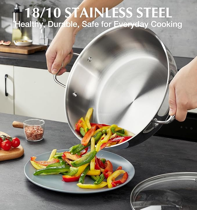 KOCH SYSTEME CS Tri-Ply Stainless Steel Saute Pan with Lid, 12 Inch Deep Frying Pan with Double Handles, 6 Quart 18/10 Stainless Steel Pan, Large Skillet, Induction Compatible, Oven Safe, Non Toxic